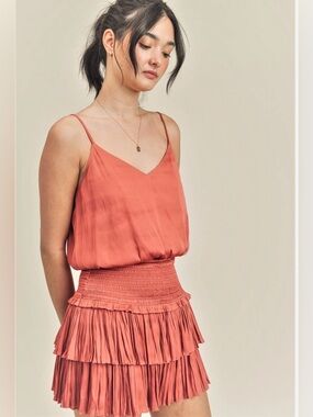 Reset satin rose-colored cropped bubble cami and high rise miniskirt set, M
